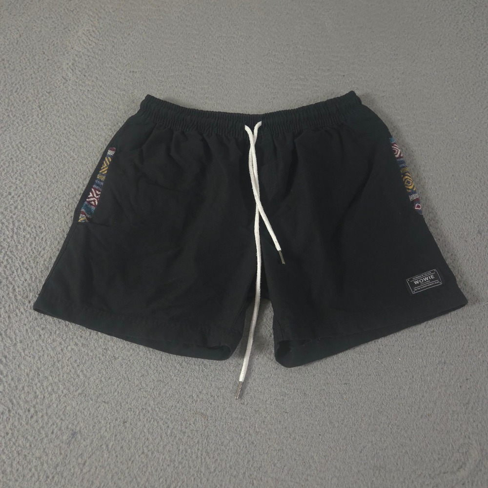 Wowie Shorts Mens Medium Black OG Casual Tribal Trim Elastic Waist Drawstring
